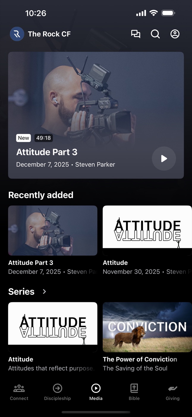 The Rock app showing the latest message and series